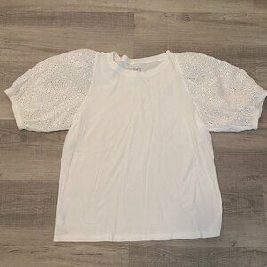 Loft Outlet Eyelet Balloon Sleeve Top Size Large White 100% Cotton